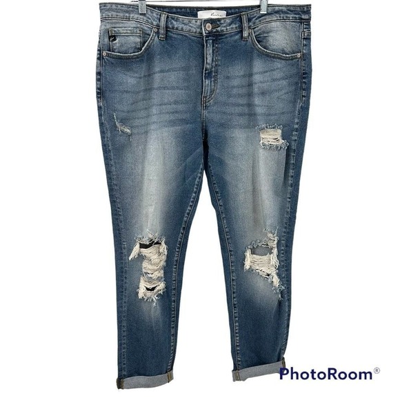 Kancan Women 31 Stretch Distressed Ripped Baggy Comfy High Rise Blue Denim Jeans - Picture 2 of 9